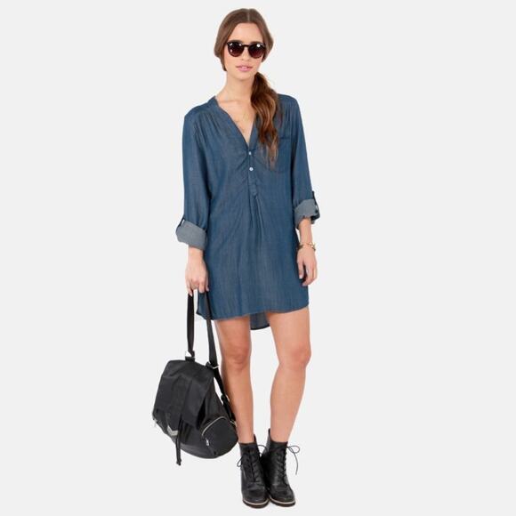 Honey Punch for Lulus Blue Jean Denim Long Sleeve Shirt Mini Dress - Picture 6 of 9
